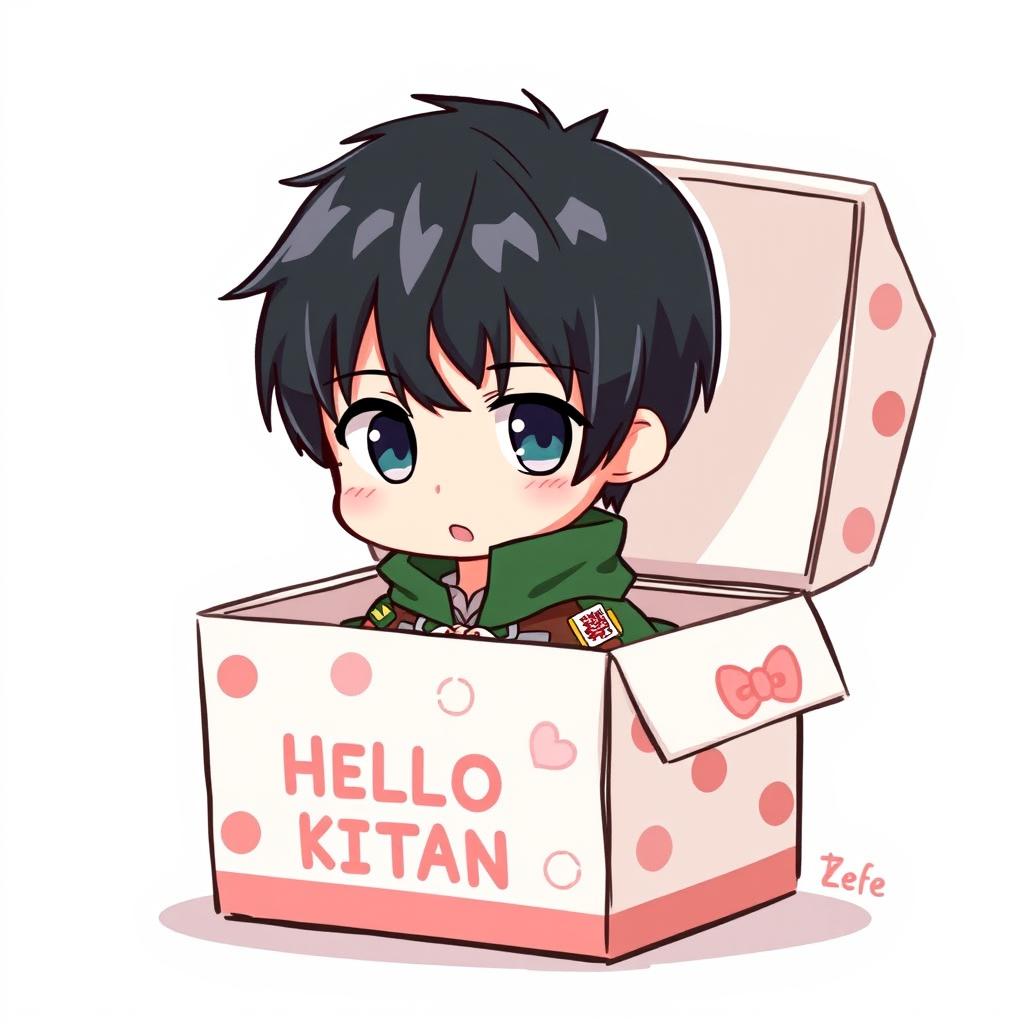 A chibi-style drawing of Levi Ackerman from Attack on Titan, featuring him in a cute, oversized Hello Kitty box