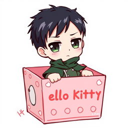 A chibi-style drawing of Levi Ackerman from Attack on Titan, featuring him in a cute, oversized Hello Kitty box