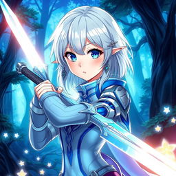 Create an anime character design featuring a young woman with medium-length, silky white hair and captivating sapphire blue eyes