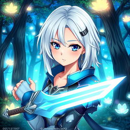 Create an anime character design featuring a young woman with medium-length, silky white hair and captivating sapphire blue eyes