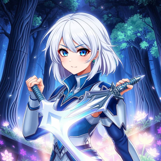 Create an anime character design featuring a young woman with medium-length, silky white hair and captivating sapphire blue eyes