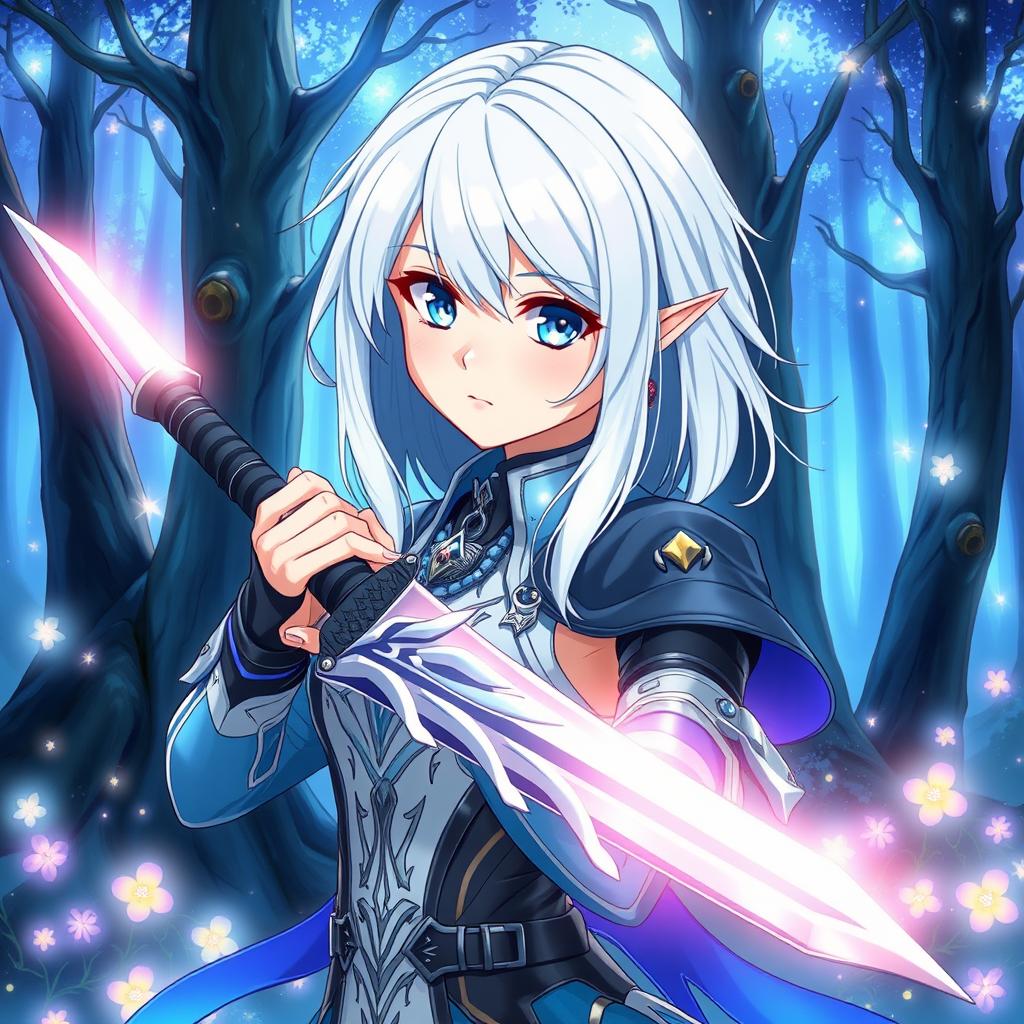 Create an anime character design featuring a young woman with medium-length, silky white hair and captivating sapphire blue eyes