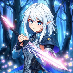 Create an anime character design featuring a young woman with medium-length, silky white hair and captivating sapphire blue eyes