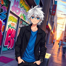 Create an anime character design featuring a young male character with medium-length, tousled white hair and striking azure blue eyes