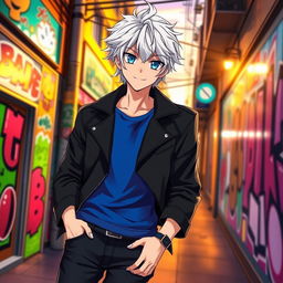Create an anime character design featuring a young male character with medium-length, tousled white hair and striking azure blue eyes
