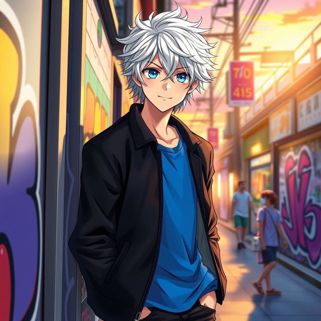 Create an anime character design featuring a young male character with medium-length, tousled white hair and striking azure blue eyes