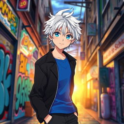 Create an anime character design featuring a young male character with medium-length, tousled white hair and striking azure blue eyes