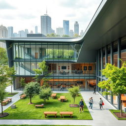 A modern architectural school design featuring a sleek and innovative building structure with large glass windows, open spaces, and green design elements