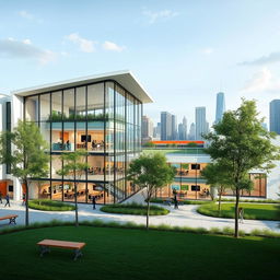 A modern architectural school design featuring a sleek and innovative building structure with large glass windows, open spaces, and green design elements