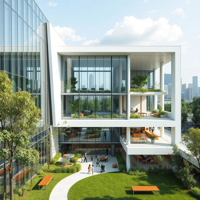 A modern architectural school design featuring a sleek and innovative building structure with large glass windows, open spaces, and green design elements