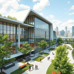 A modern architectural school design featuring a sleek and innovative building structure with large glass windows, open spaces, and green design elements