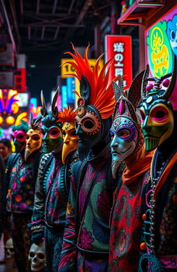 A vibrant and surreal scene featuring masked humans wearing diverse and intricate masks, showcasing a range of cultural influences and artistic styles