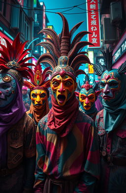 A vibrant and surreal scene featuring masked humans wearing diverse and intricate masks, showcasing a range of cultural influences and artistic styles