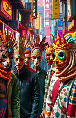 A vibrant and surreal scene featuring masked humans wearing diverse and intricate masks, showcasing a range of cultural influences and artistic styles