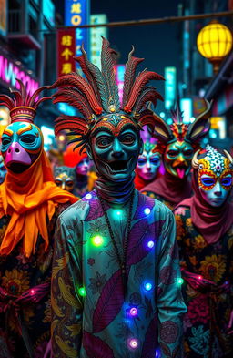 A vibrant and surreal scene featuring masked humans wearing diverse and intricate masks, showcasing a range of cultural influences and artistic styles