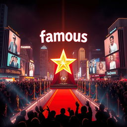 A visually striking representation of the concept of "famous", featuring iconic symbols of fame such as a bright Hollywood star, a red carpet, award trophies like Oscars, and a crowd of cheering fans