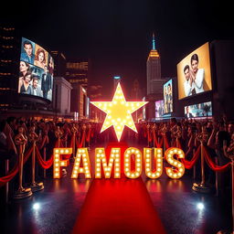 A visually striking representation of the concept of "famous", featuring iconic symbols of fame such as a bright Hollywood star, a red carpet, award trophies like Oscars, and a crowd of cheering fans