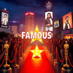 A visually striking representation of the concept of "famous", featuring iconic symbols of fame such as a bright Hollywood star, a red carpet, award trophies like Oscars, and a crowd of cheering fans