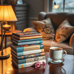 A cozy scene featuring a stack of beautifully designed novels sitting on a wooden table, surrounded by warm lighting from a nearby lamp