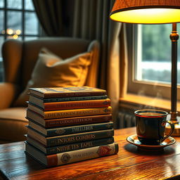 A cozy scene featuring a stack of beautifully designed novels sitting on a wooden table, surrounded by warm lighting from a nearby lamp