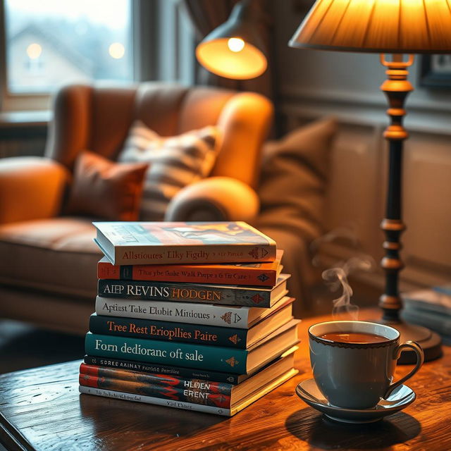 A cozy scene featuring a stack of beautifully designed novels sitting on a wooden table, surrounded by warm lighting from a nearby lamp