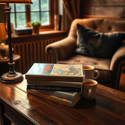 A cozy scene featuring a stack of beautifully designed novels sitting on a wooden table, surrounded by warm lighting from a nearby lamp