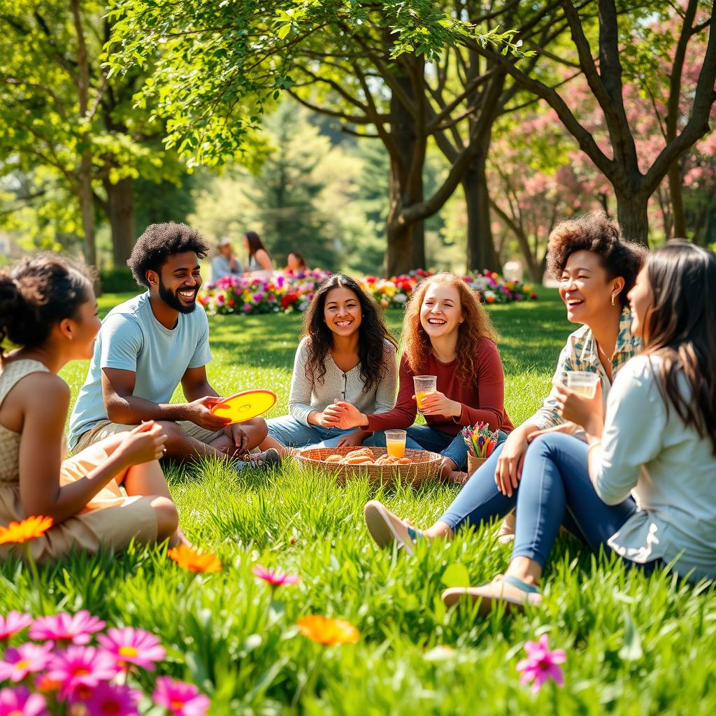 A warm and inviting scene depicting the concept of "make friends", featuring a diverse group of people engaged in joyful activities together