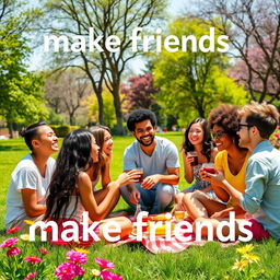 A warm and inviting scene depicting the concept of "make friends", featuring a diverse group of people engaged in joyful activities together
