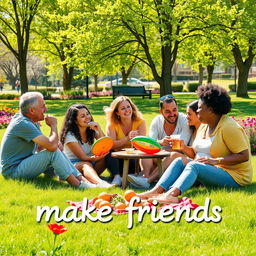 A warm and inviting scene depicting the concept of "make friends", featuring a diverse group of people engaged in joyful activities together