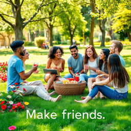 A warm and inviting scene depicting the concept of "make friends", featuring a diverse group of people engaged in joyful activities together