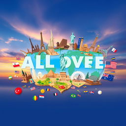 A captivating and expansive representation of the phrase "all over the world", showcasing a diverse array of landmarks from different countries