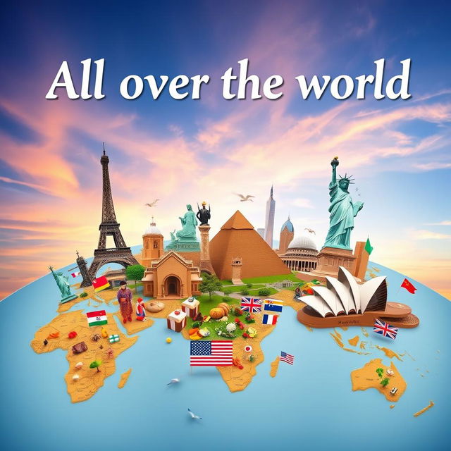 A captivating and expansive representation of the phrase "all over the world", showcasing a diverse array of landmarks from different countries