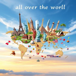 A captivating and expansive representation of the phrase "all over the world", showcasing a diverse array of landmarks from different countries