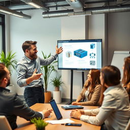 A professional salesman engaging with a group of interested customers in a modern office setting, energetically discussing an automation product by Shihlin