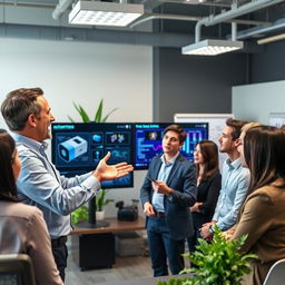 A professional salesman engaging with a group of interested customers in a modern office setting, energetically discussing an automation product by Shihlin
