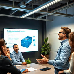 A professional salesman engaging with a group of interested customers in a modern office setting, energetically discussing an automation product by Shihlin