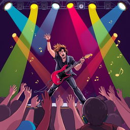 An energetic and dynamic illustration of a "performer" on stage, showcasing a musician passionately playing guitar under bright stage lights