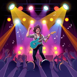 An energetic and dynamic illustration of a "performer" on stage, showcasing a musician passionately playing guitar under bright stage lights