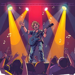 An energetic and dynamic illustration of a "performer" on stage, showcasing a musician passionately playing guitar under bright stage lights