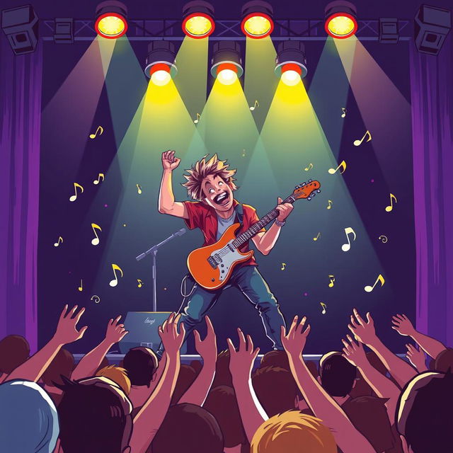 An energetic and dynamic illustration of a "performer" on stage, showcasing a musician passionately playing guitar under bright stage lights