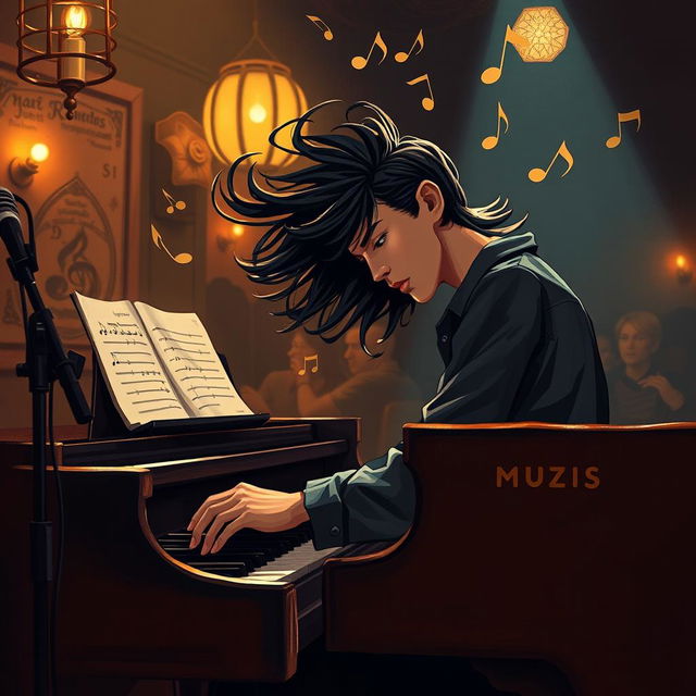 A striking portrayal of a "musician" lost in the moment during a live performance