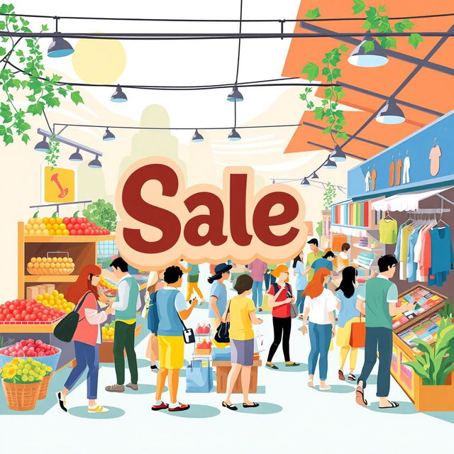 An engaging and modern illustration of the concept "buy" featuring a bustling marketplace scene