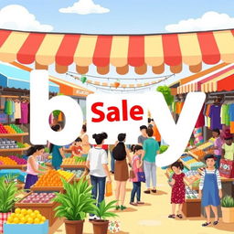 An engaging and modern illustration of the concept "buy" featuring a bustling marketplace scene