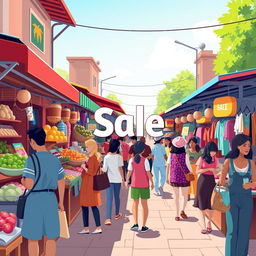 An engaging and modern illustration of the concept "buy" featuring a bustling marketplace scene