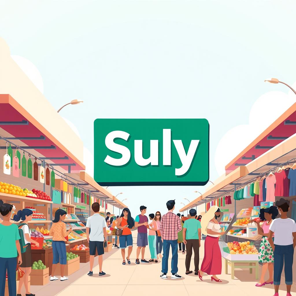 An engaging and modern illustration of the concept "buy" featuring a bustling marketplace scene