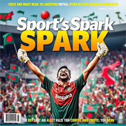 A vibrant and dynamic cover page titled 'Sport's Spark', showcasing the exhilaration and joy of the Bangladesh cricket team's recent victory