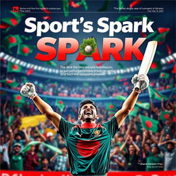 A vibrant and dynamic cover page titled 'Sport's Spark', showcasing the exhilaration and joy of the Bangladesh cricket team's recent victory