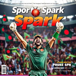 A vibrant and dynamic cover page titled 'Sport's Spark', showcasing the exhilaration and joy of the Bangladesh cricket team's recent victory