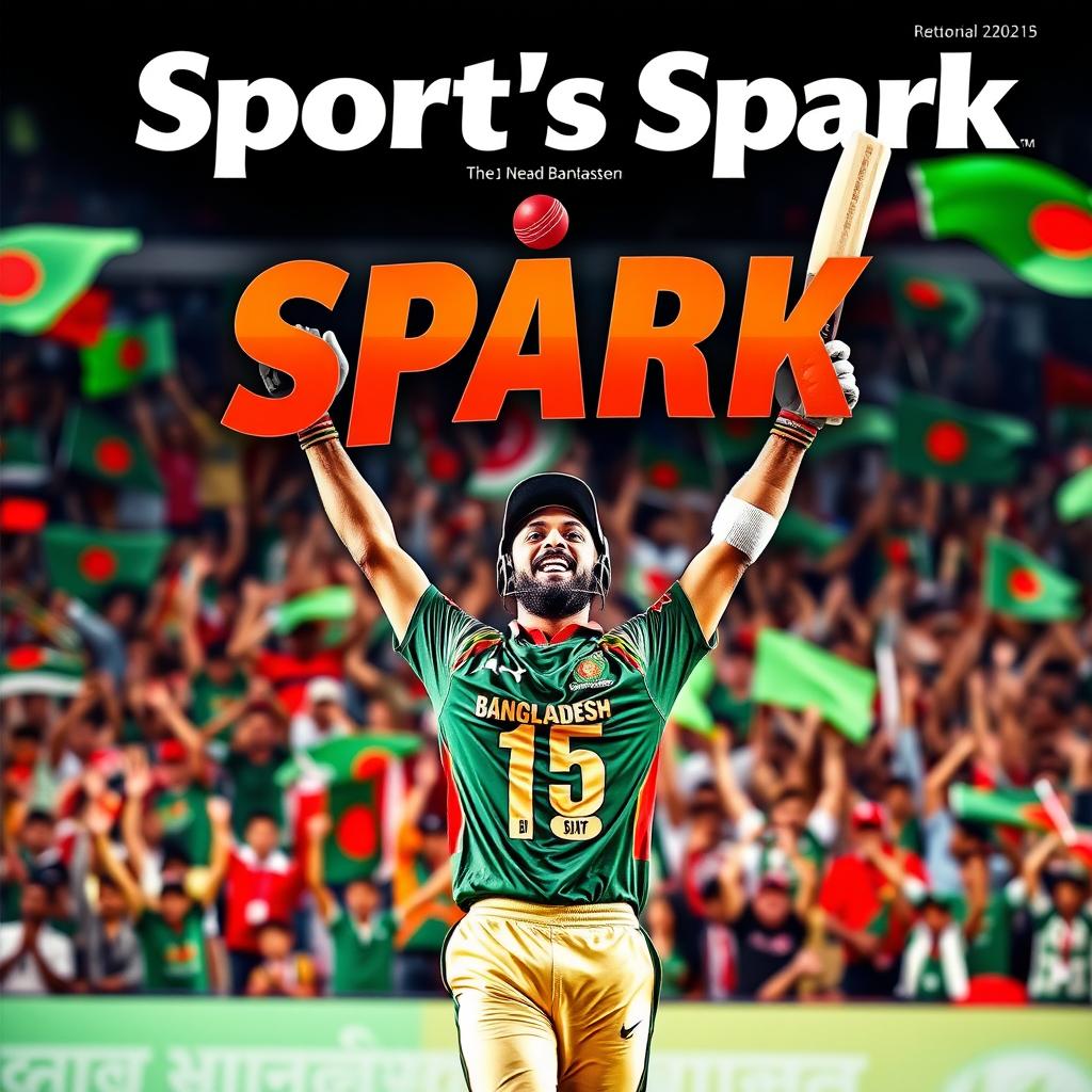 A vibrant and dynamic cover page titled 'Sport's Spark', showcasing the exhilaration and joy of the Bangladesh cricket team's recent victory