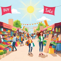 A vibrant and appealing illustration representing the word "buy" through a busy shopping scene